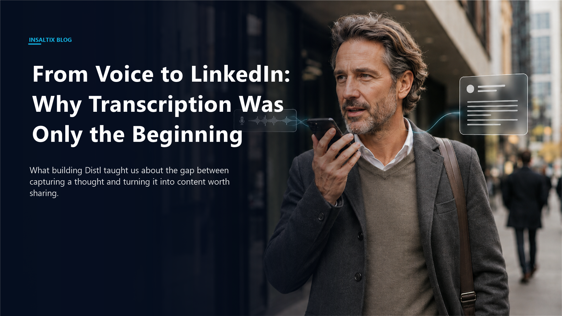 A professional walking on a city street speaking into a phone to record thoughts with an agentic voice-first interface.