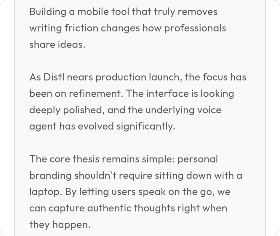 Distl generated short-form LinkedIn post structured from the spoken transcript.