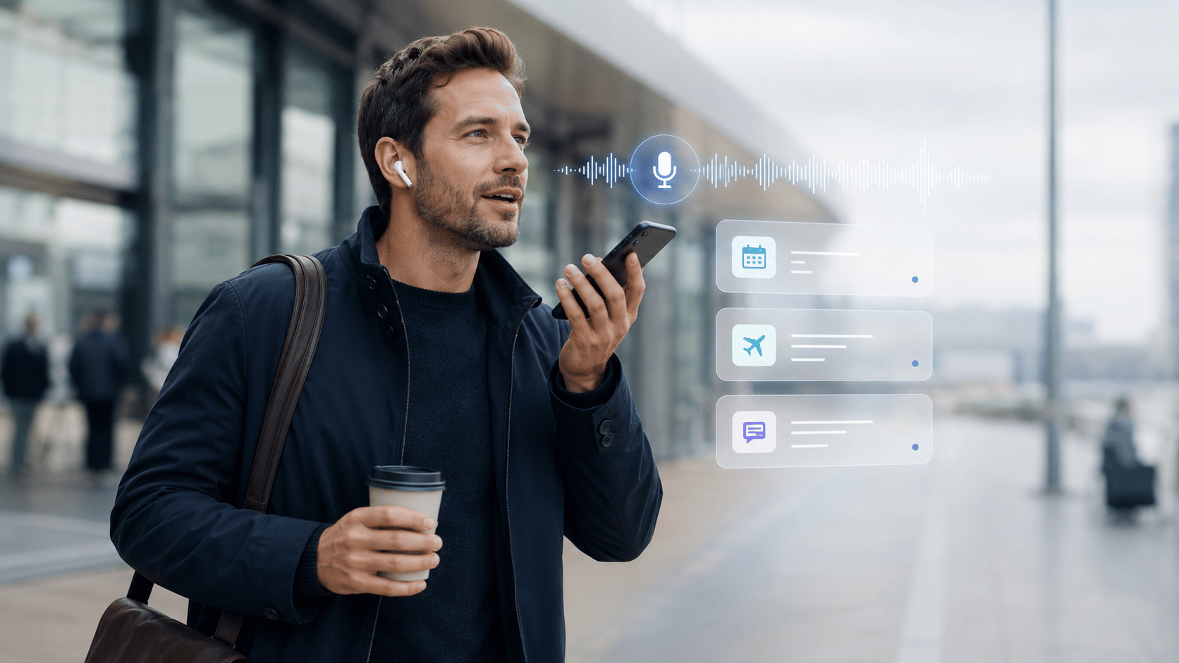 A person speaking to a voice-first agent on their phone while walking, with calendar, travel and message actions surfaced on screen.